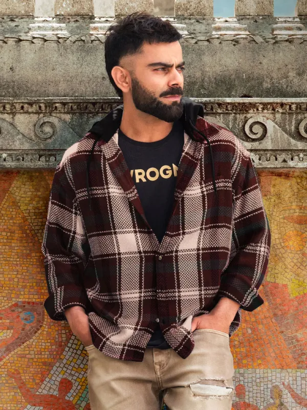 Maroon Hooded Oversized Shirt sold by Wrogn