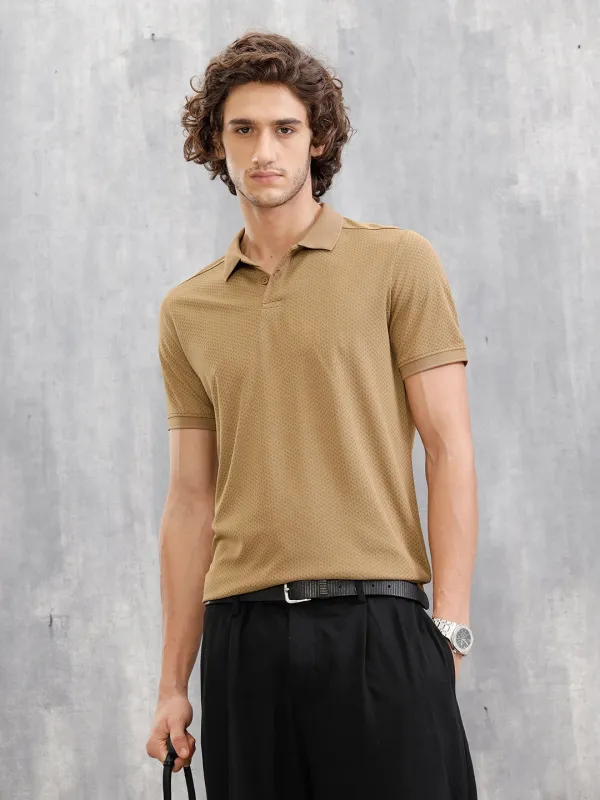 Solid Textured Slim Fit Polo T-Shirt | Brown made by Wrogn