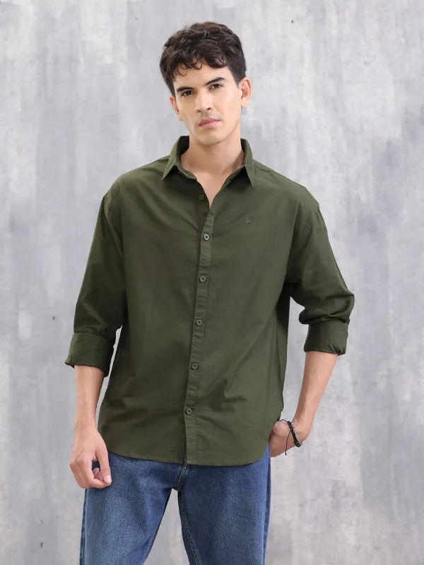 Solid Regular Fit Cotton Shirt | Olive sold by Wrogn