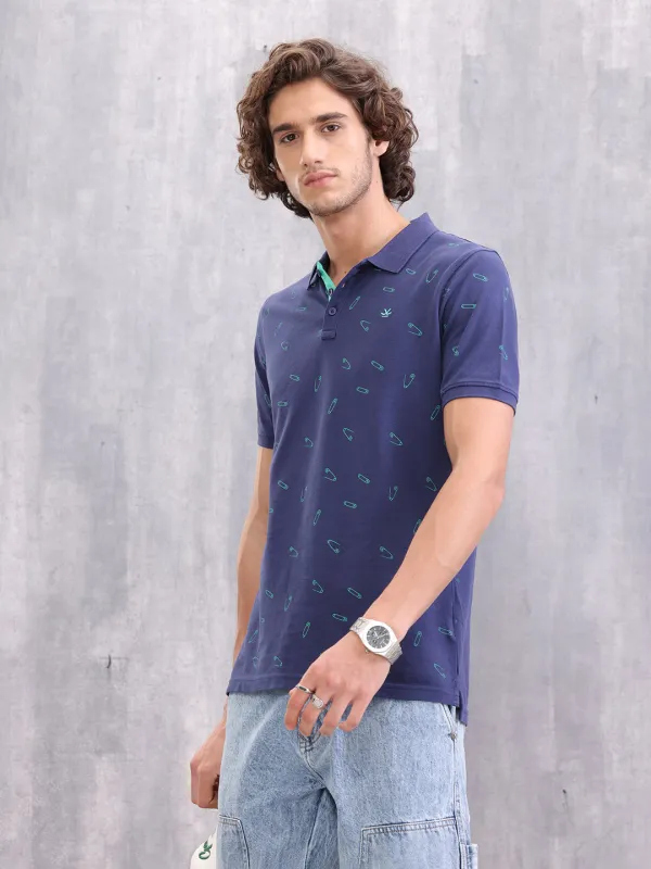 Graphic Aop Polo T-Shirt  | Navy Blue sold by Wrogn