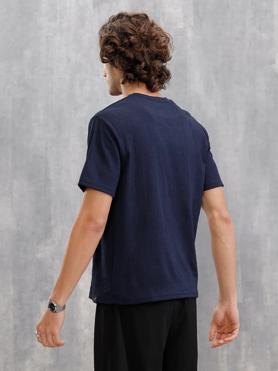 Honeycomb Textured Knit Crew Neck Pullover In Oversized Fit | Navy Blue sold by Wrogn product image thumbnail 3