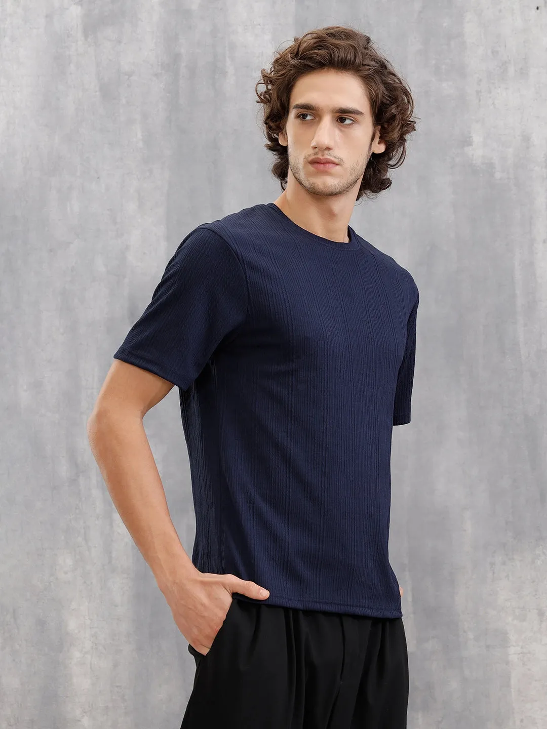 Honeycomb Textured Knit Crew Neck Pullover In Oversized Fit | Navy Blue sold by Wrogn product image thumbnail 4