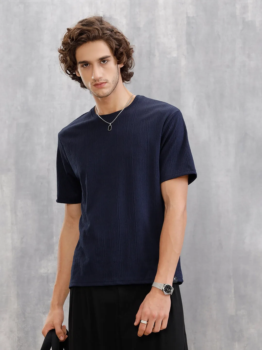 Honeycomb Textured Knit Crew Neck Pullover In Oversized Fit | Navy Blue sold by Wrogn