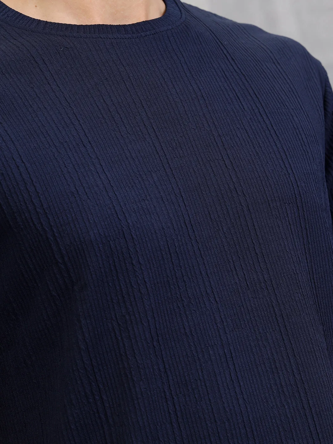 Honeycomb Textured Knit Crew Neck Pullover In Oversized Fit | Navy Blue sold by Wrogn product image thumbnail 5