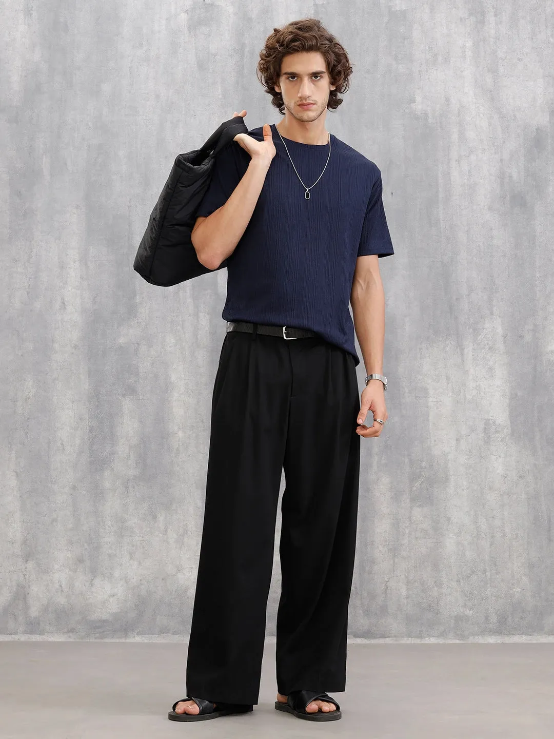 Honeycomb Textured Knit Crew Neck Pullover In Oversized Fit | Navy Blue sold by Wrogn product image thumbnail 2