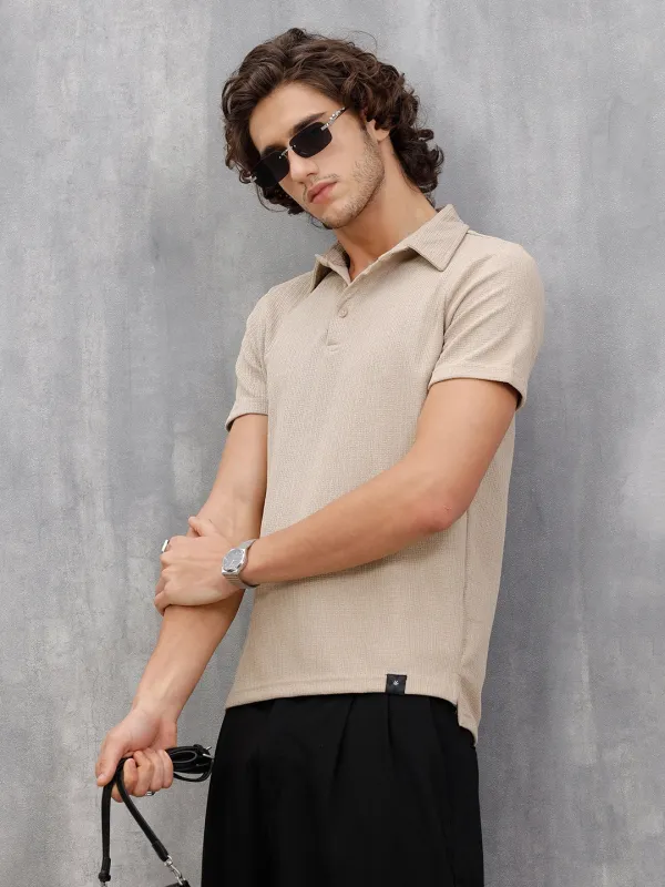 Textured Jacquard Self Design Polo In Slim Fit | Beige sold by Wrogn