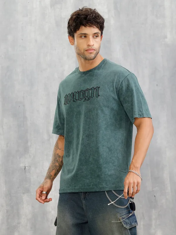 Acid Wash Oversized Fit T-shirt With Embroidery | Dark Green sold by Wrogn
