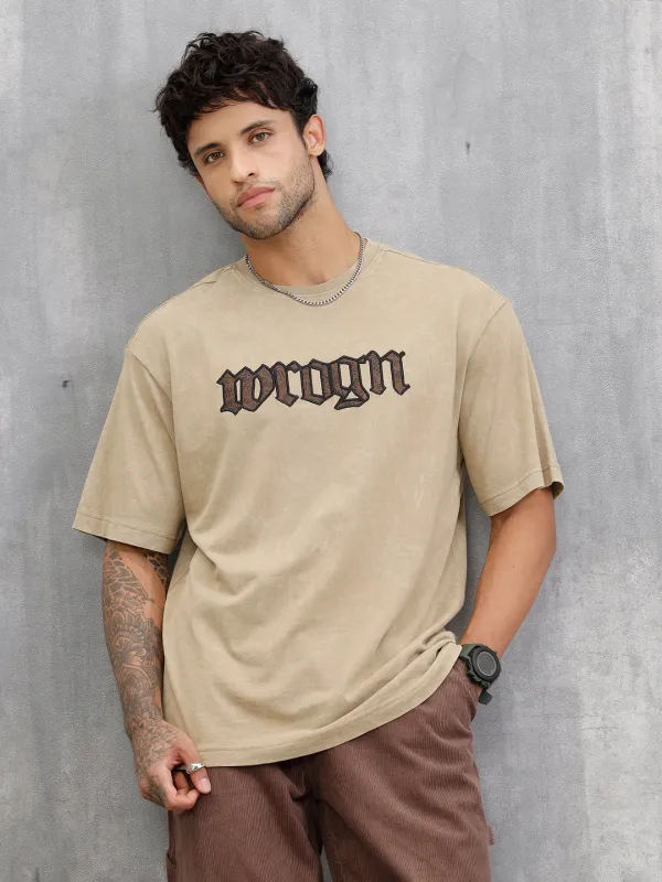Acid Wash Oversized Fit T-shirt With Embroidery | Khaki sold by Wrogn