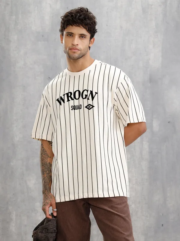 Striped Oversized Fit T-shirt With Flock Print | Beige sold by Wrogn