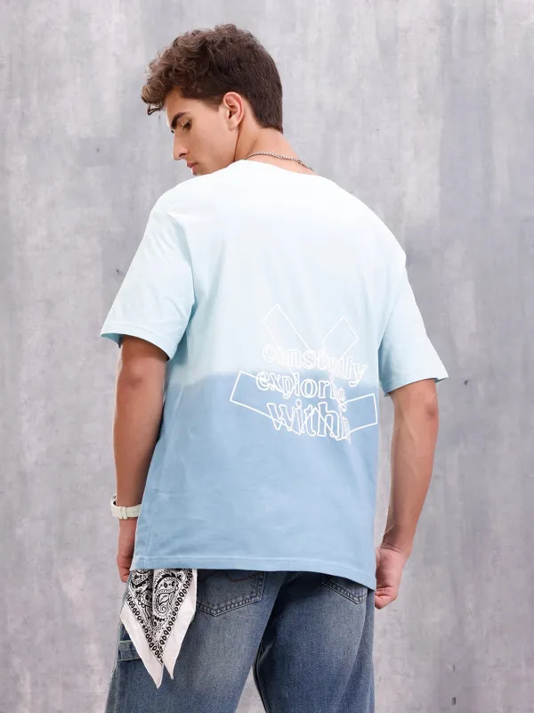 Ombre Dyed Back Graphic Puff Printed Oversized Fit T-Shirt | Light Blue sold by Wrogn