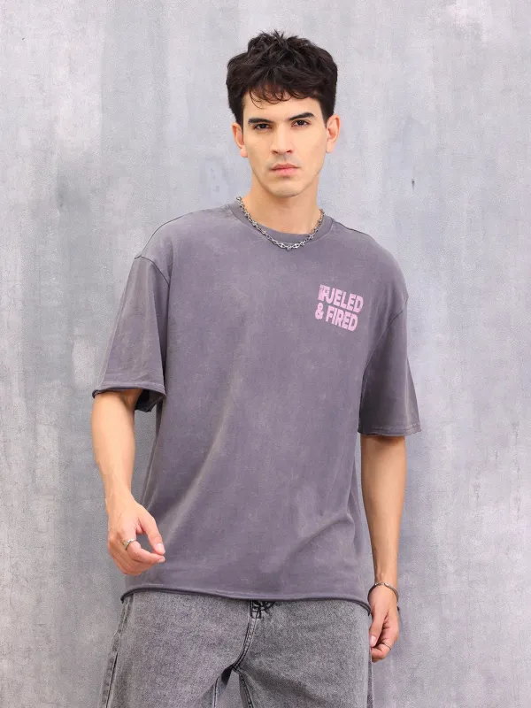 Retro Washed Oversized Fit Raw Edge T-shirt With Graphic | Grey sold by Wrogn