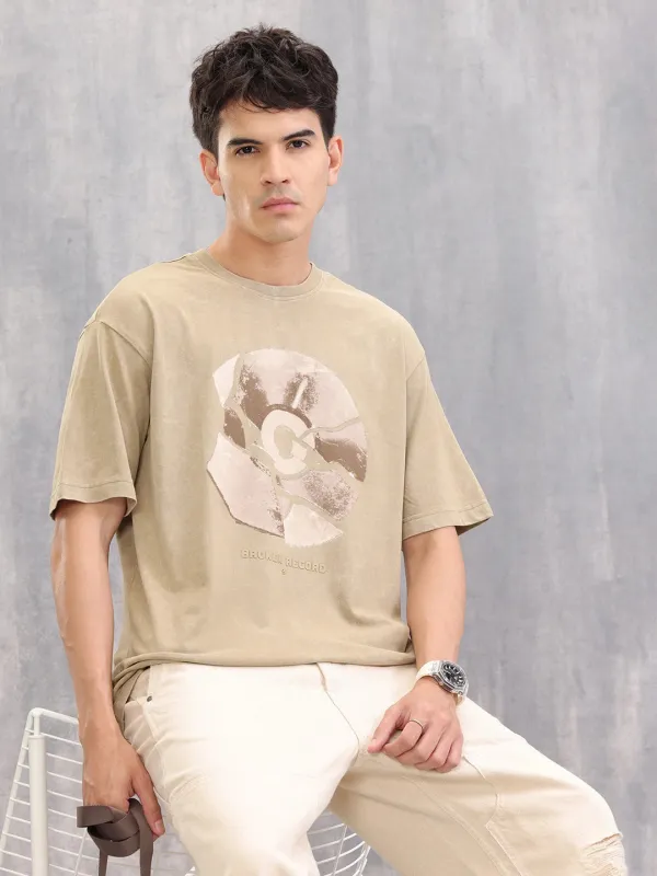 Retro Graphic Printed Oversized Fit Washed T-shirt | Khaki sold by Wrogn