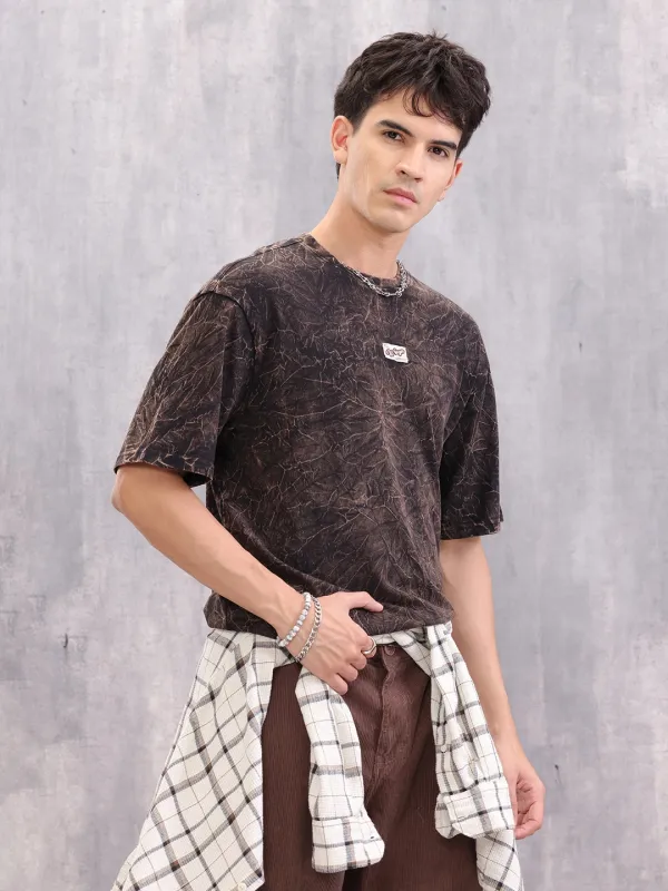 Acid Washed Retro Look Oversized Fit T-Shirt With Branding | Black sold by Wrogn