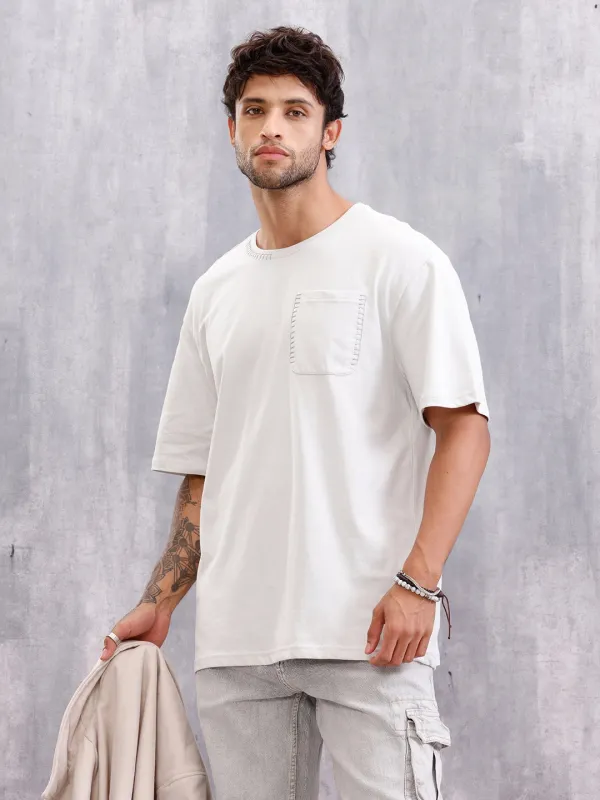Contrast Stitch Detail Oversized Fit T-shirt With Patch Pocket | White sold by Wrogn