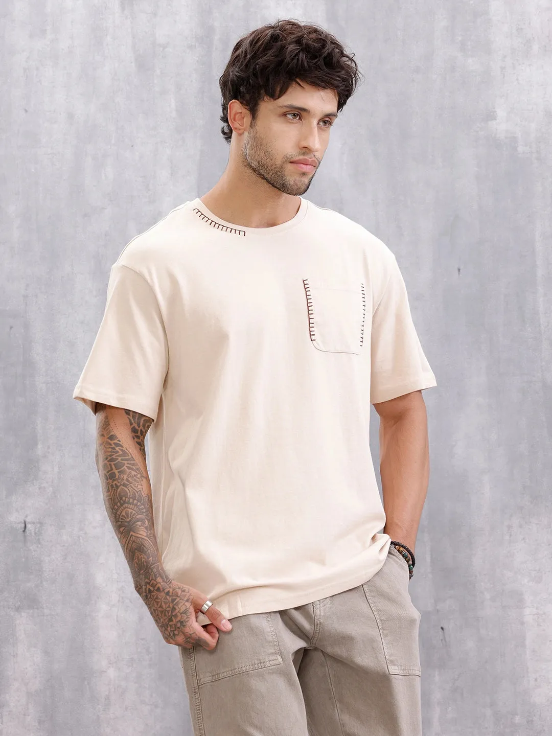 Oversized Fit T-Shirt With Thread Detail And Patch Pocket | Beige sold by Wrogn product image thumbnail 4