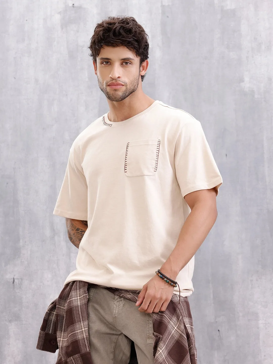 Oversized Fit T-Shirt With Thread Detail And Patch Pocket | Beige sold by Wrogn