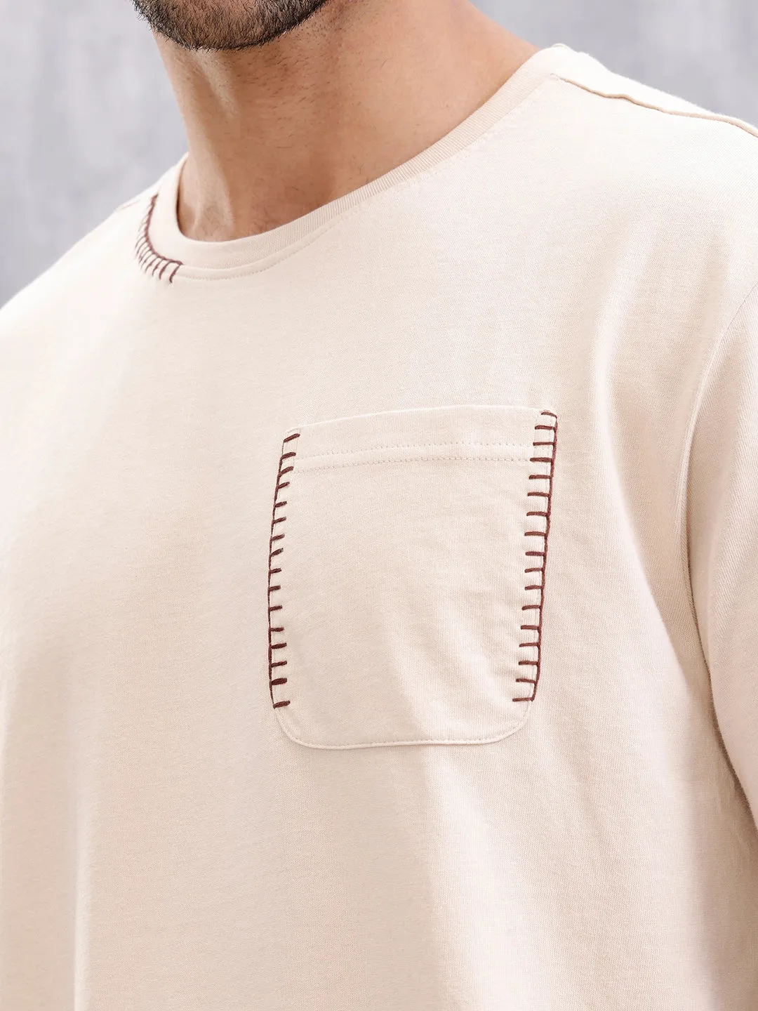 Oversized Fit T-Shirt With Thread Detail And Patch Pocket | Beige sold by Wrogn product image thumbnail 5