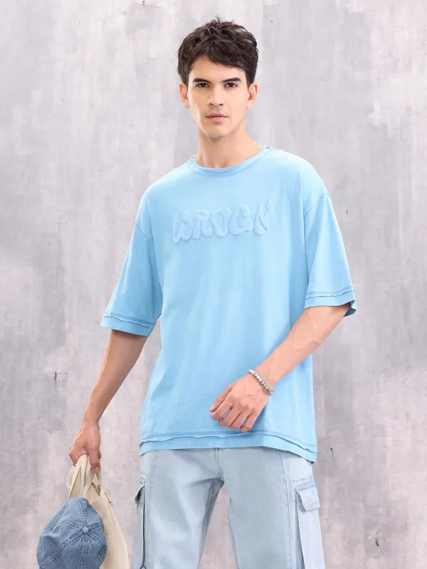 Acid Wash Puff Print Raw Edge Detail T-shirt | Light Blue sold by Wrogn