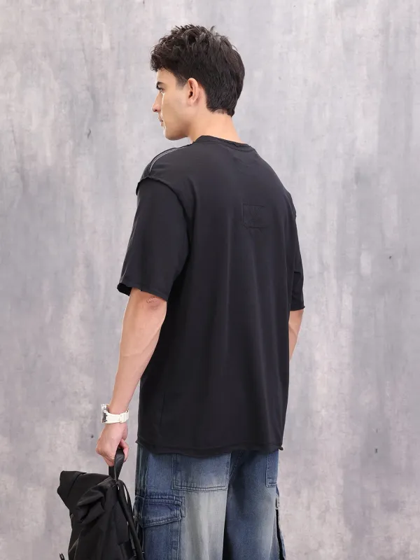 Casual Oversized Fit T-shirt With Raw Edge And Flatlock Detail | Black sold by Wrogn