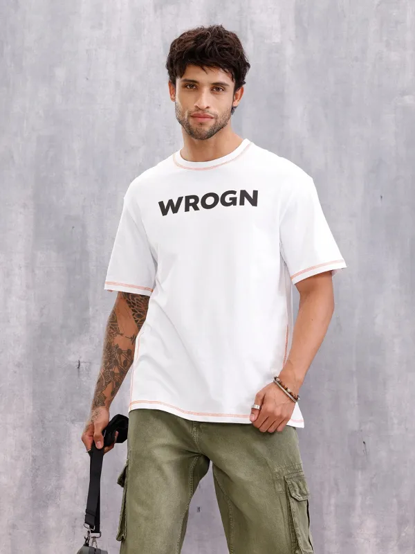 Contrast Flat Lock Detail Oversized Fit T-shirt With Print | White sold by Wrogn