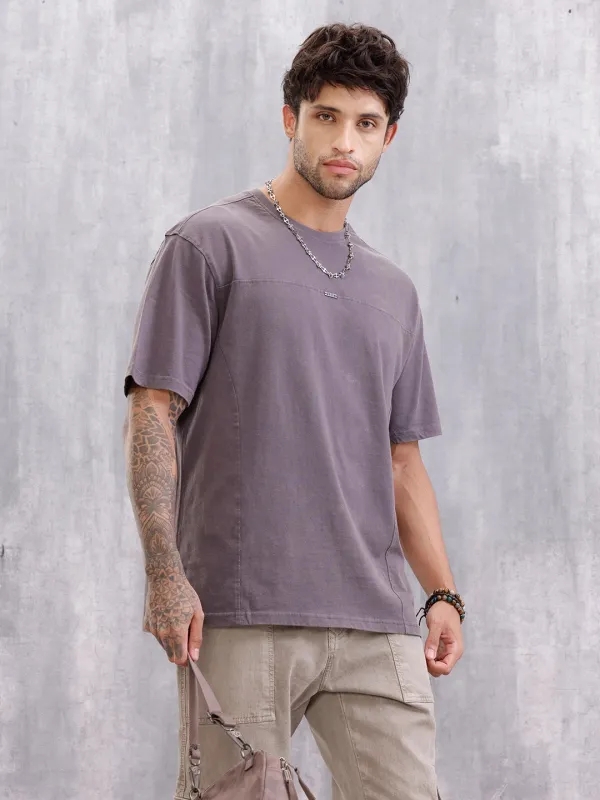 Distressed Grunge Look Oversized Fit T-shirt With Metal Branding | Dark Grey sold by Wrogn
