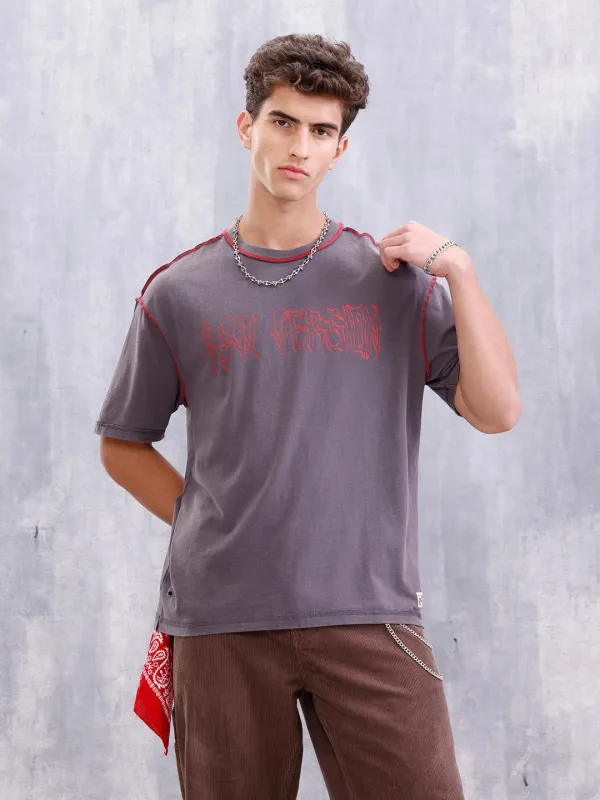 Distressed Grunge Look Oversized Fit T-shirt With Contrast Flat Lock Stitch Detail | Grey sold by Wrogn