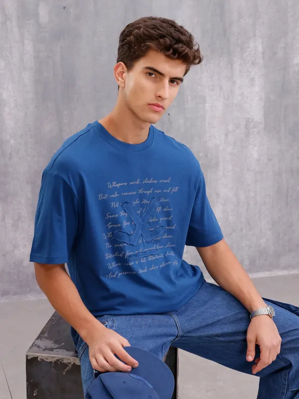 Graphic Printed Oversized Fit Brand Logo Embroidered T-shirt | Blue sold by Wrogn