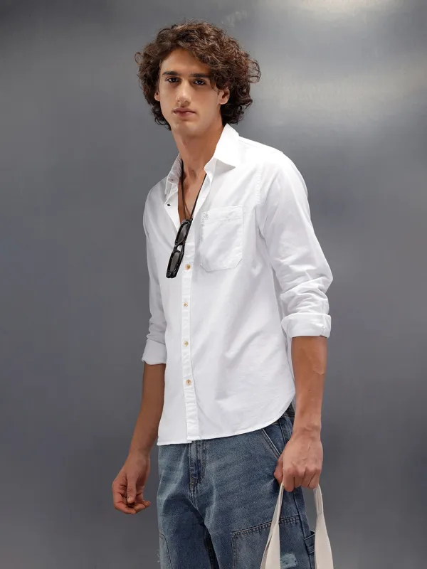 Solid Regualr Fit Shirt With Branding | White sold by Wrogn