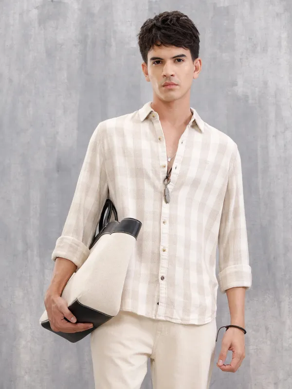 Herringbone Check Shirt In Natural Tones  |  Beige sold by Wrogn