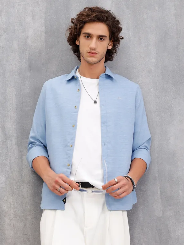 Textured Solid Shirt In Slim Fit  |  Blue sold by Wrogn