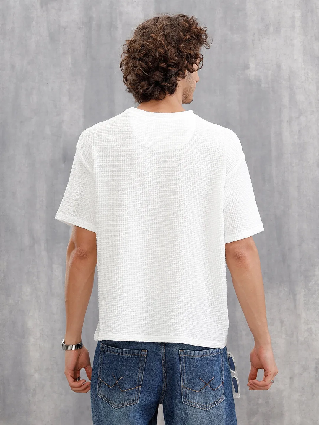 Honeycomb Textured Knit Crew Neck Pullover In Oversized Fit | White sold by Wrogn product image thumbnail 3