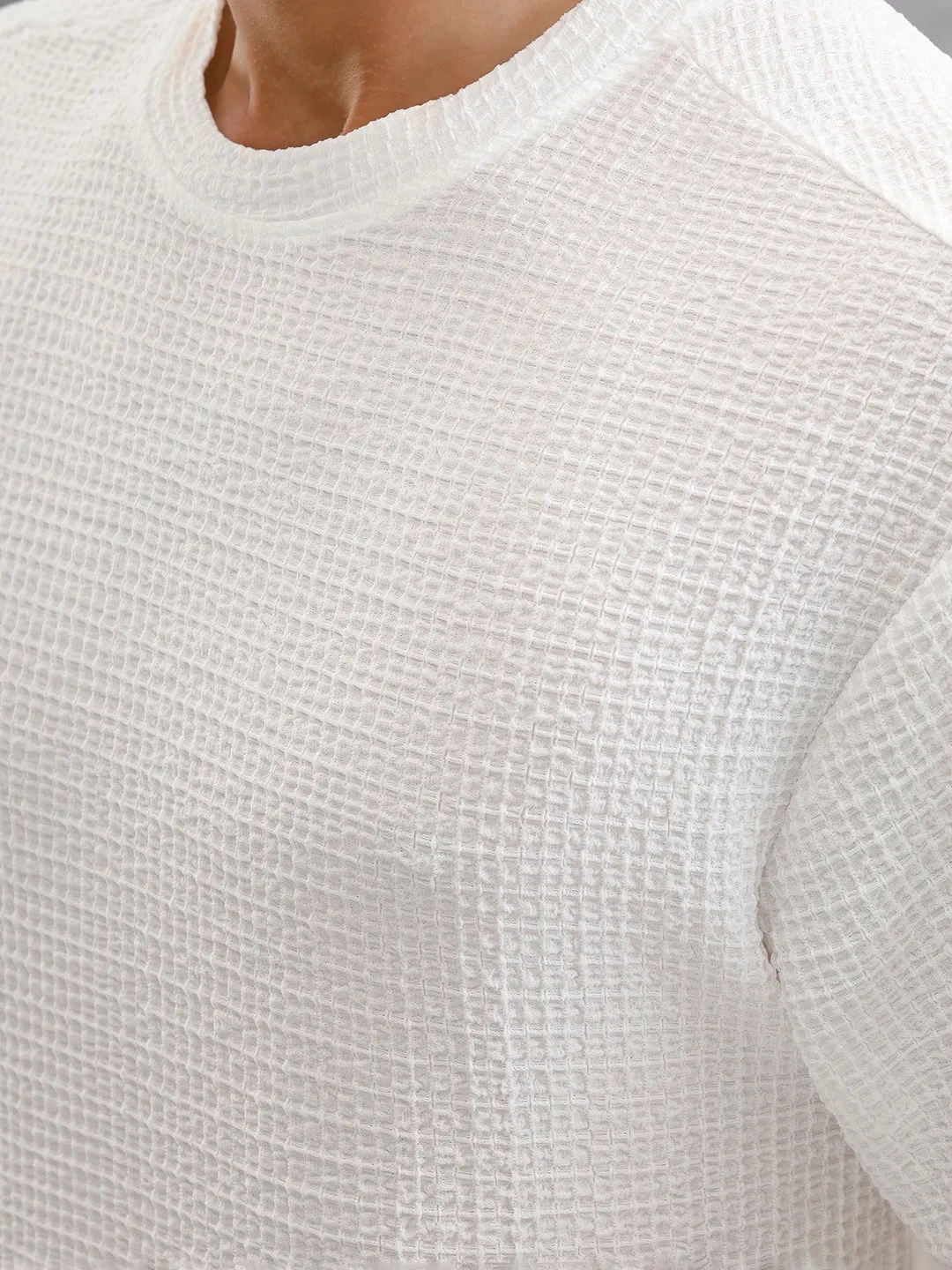 Honeycomb Textured Knit Crew Neck Pullover In Oversized Fit | White sold by Wrogn product image thumbnail 4