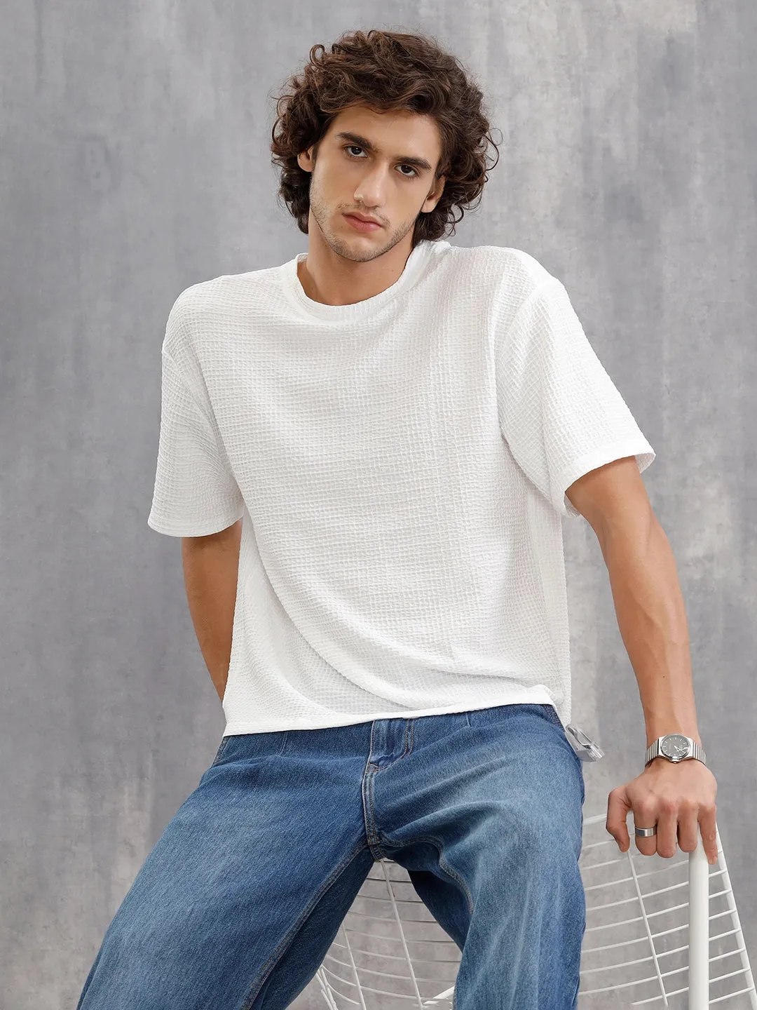 Honeycomb Textured Knit Crew Neck Pullover In Oversized Fit | White sold by Wrogn