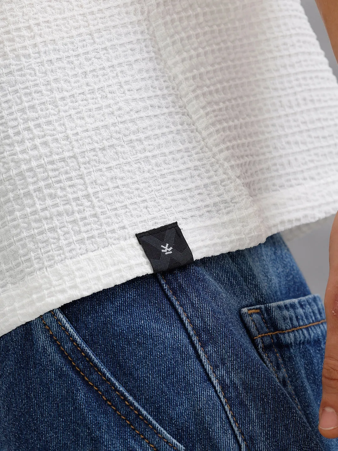 Honeycomb Textured Knit Crew Neck Pullover In Oversized Fit | White sold by Wrogn product image thumbnail 5