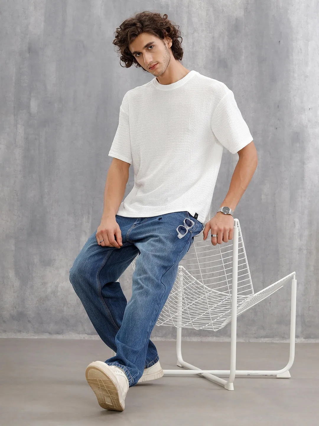 Honeycomb Textured Knit Crew Neck Pullover In Oversized Fit | White sold by Wrogn product image thumbnail 2