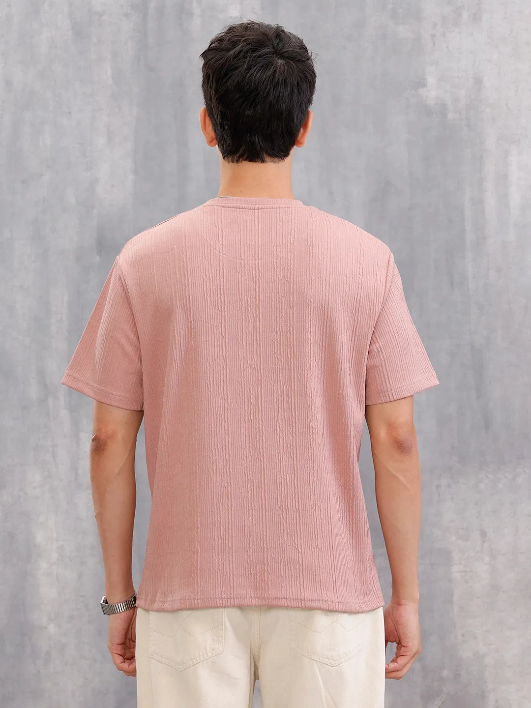 Honeycomb Textured Knit Crew Neck Pullover In Oversized Fit | Pink sold by Wrogn product image thumbnail 3