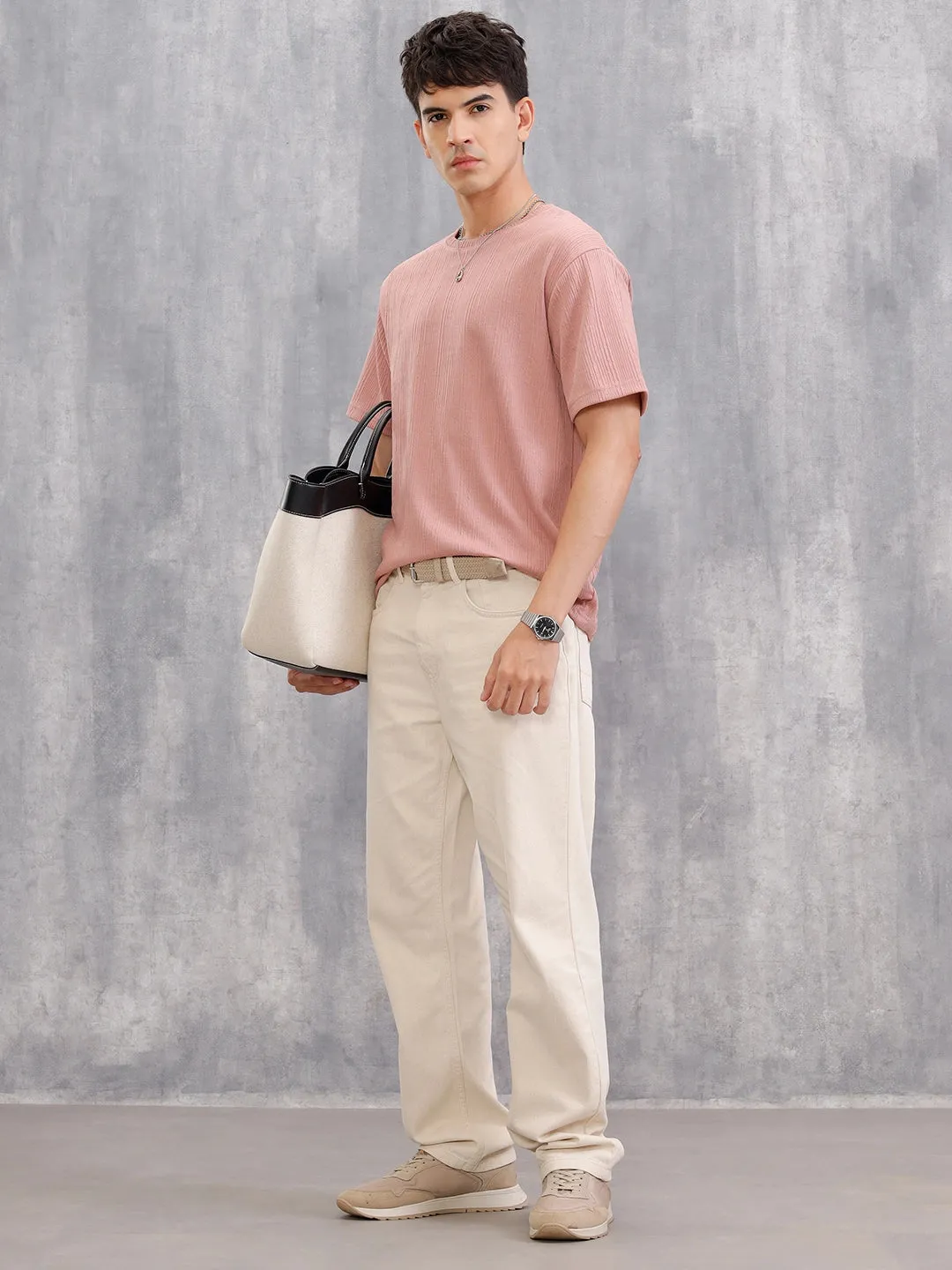 Honeycomb Textured Knit Crew Neck Pullover In Oversized Fit | Pink sold by Wrogn product image thumbnail 2