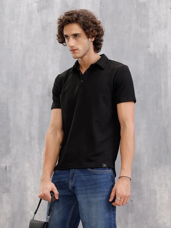 Jacquard Textured Knit Polo In Slim Fit  |  Black sold by Wrogn