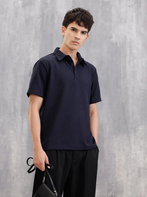 Jacquard Textured Knit Polo In Slim Fit   | Navy Blue sold by Wrogn