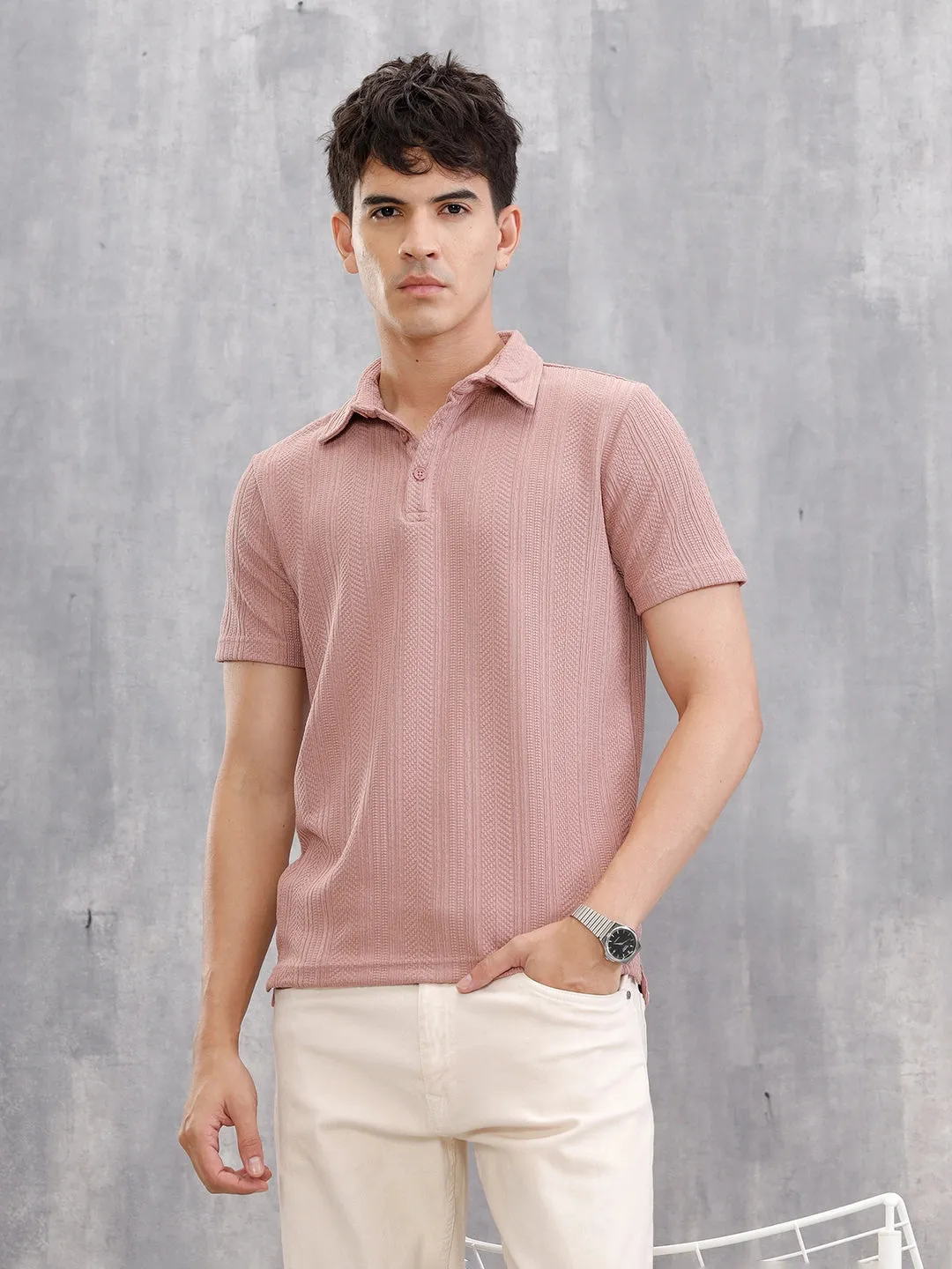 Jacquard Textured Knit Polo In Slim Fit | Pink sold by Wrogn