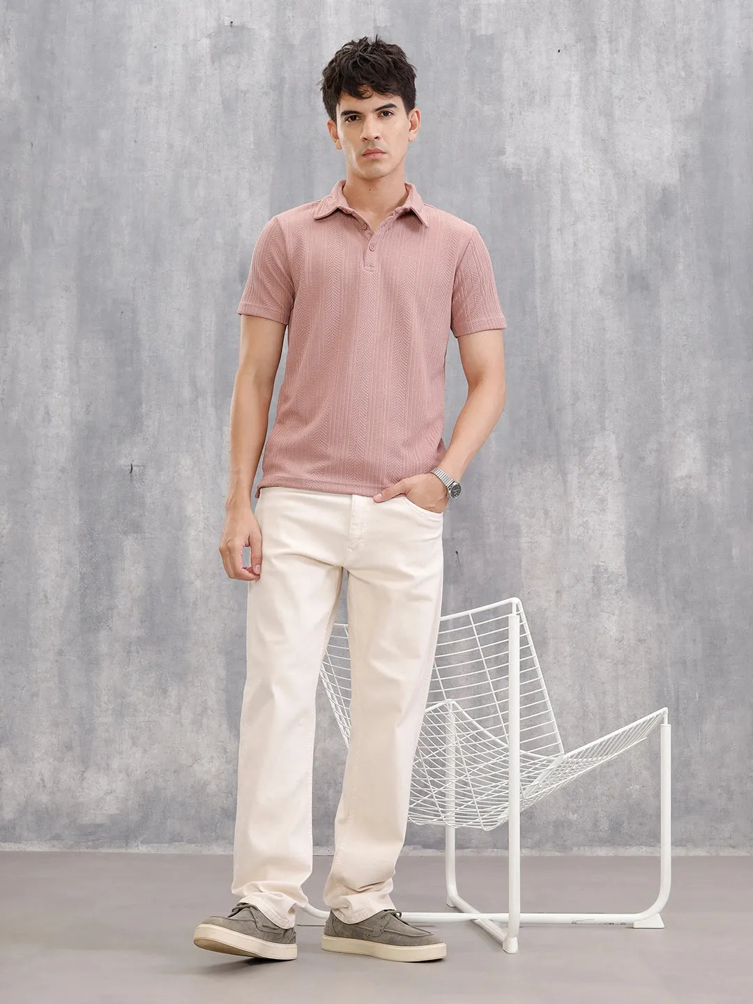 Jacquard Textured Knit Polo In Slim Fit | Pink sold by Wrogn product image thumbnail 2