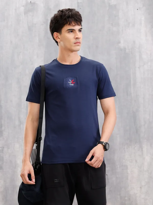 Gold Finish Interlock Tee With Embroidery On Chest | Navy Blue made by Wrogn