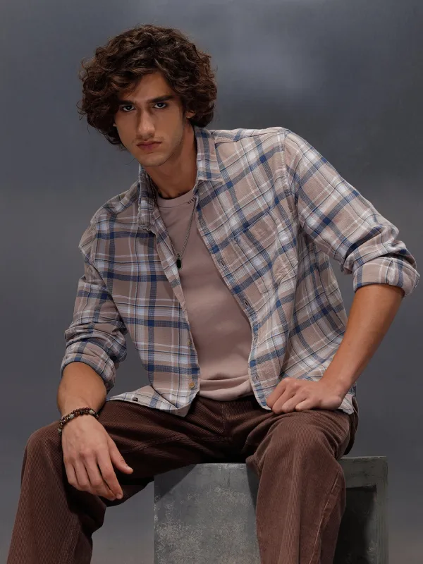 Textured Comfort Fit Checkered Pattern Shirt With Branding | Khaki sold by Wrogn