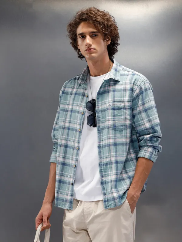 Textured Comfort Fit Checkered Pattern Shirt With Branding| Blue sold by Wrogn
