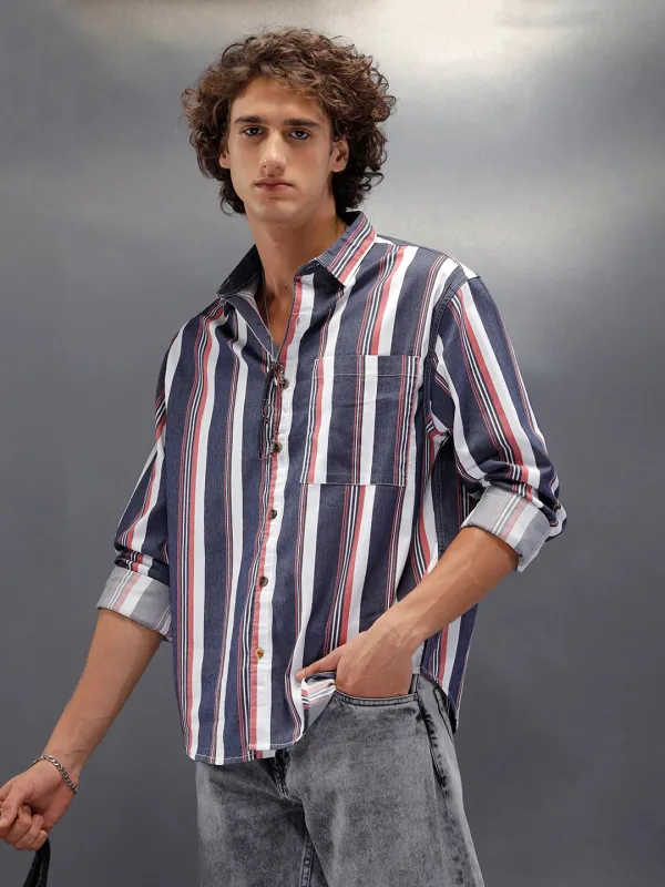 Vibrant Striped Comfort Fit Shirt With Branding | Blue sold by Wrogn