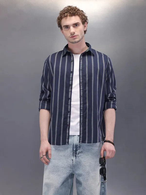 Textured Stripes Open Dobby Shirt | Navy Blue sold by Wrogn