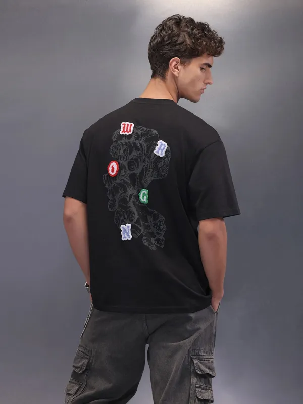 Printed Patchwork Oversized T-Shirt | Black sold by Wrogn