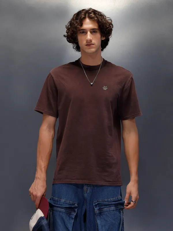 Vintage Look Neck Detailed Oversize Solid Tshirt | Brown sold by Wrogn