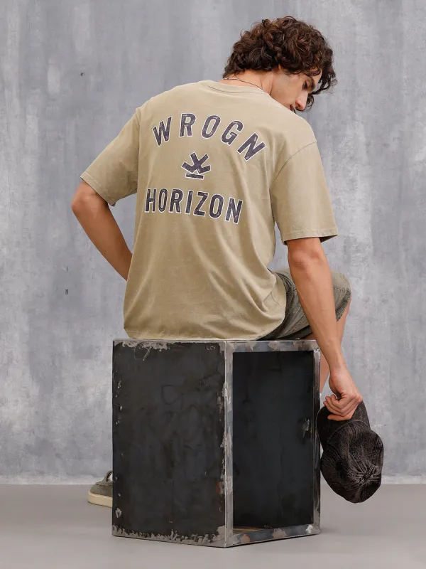 Washed Printed Oversized Fit Pure Cotton T-Shirt | Khaki sold by Wrogn