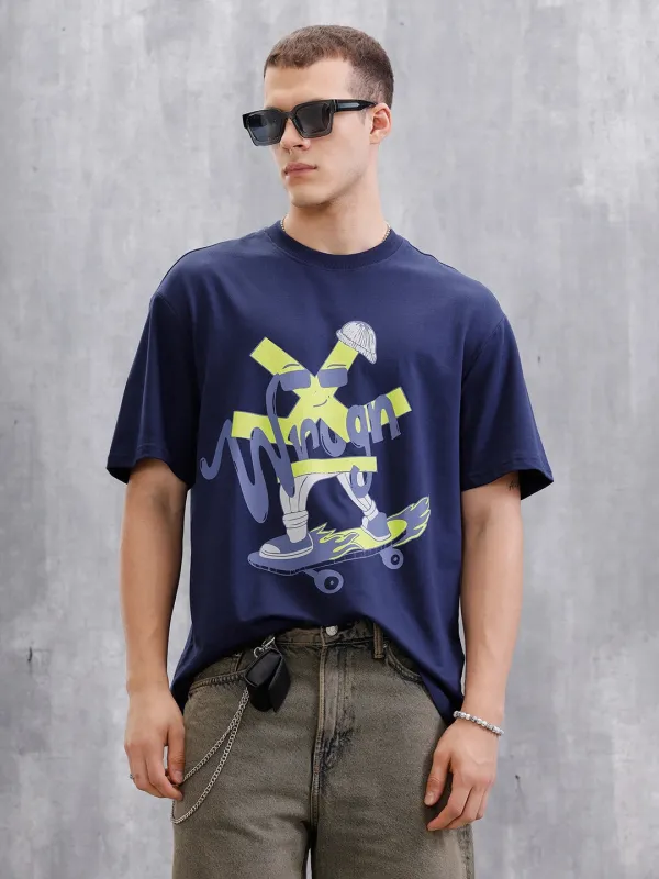 Skater Logo Printed Oversized Fit T-Shirt  | Navy Blue sold by Wrogn